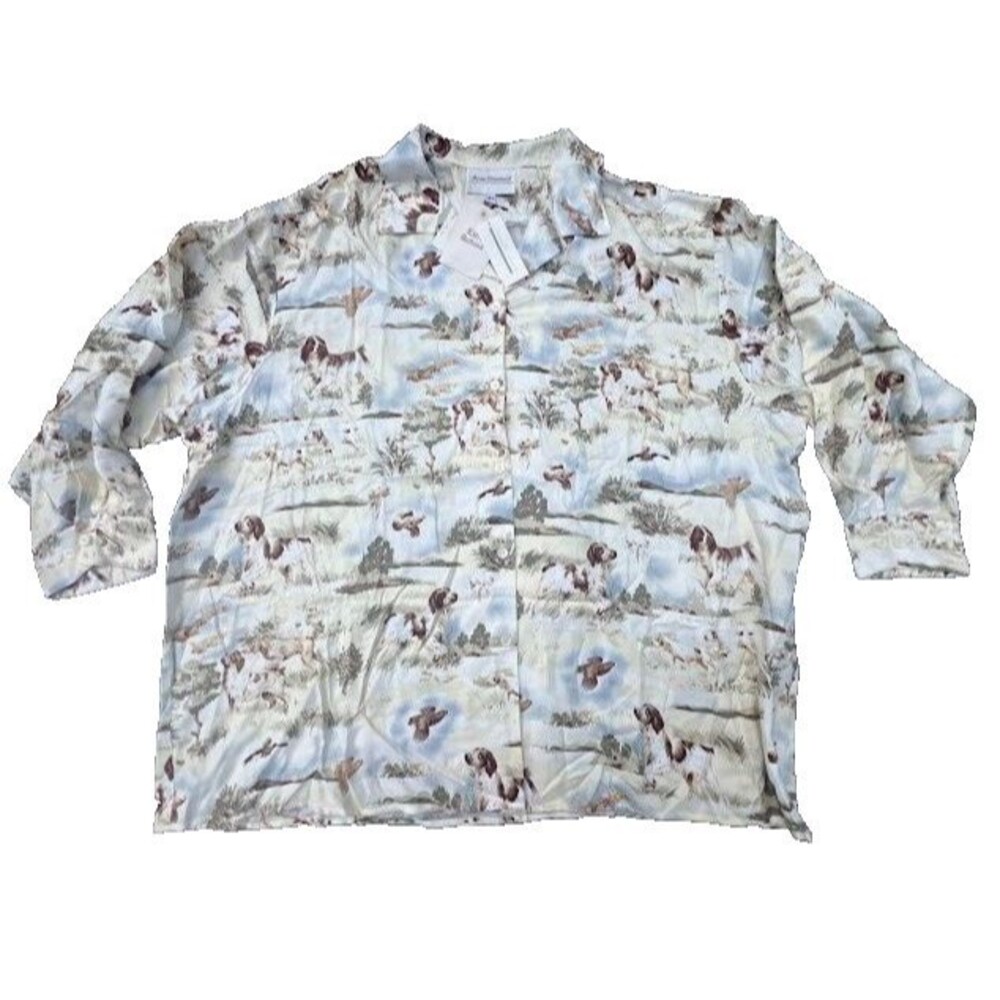 Marisa Christina II Ivory Hunting Dog & Bird Print Long Sleeve Button Blouse 3X